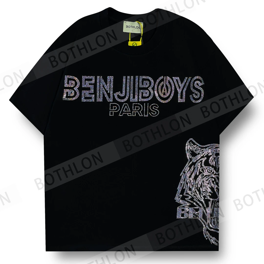 【8569 】设计师原创男士夏季圆领黑色宽松烫钻T恤休闲百搭男款半袖