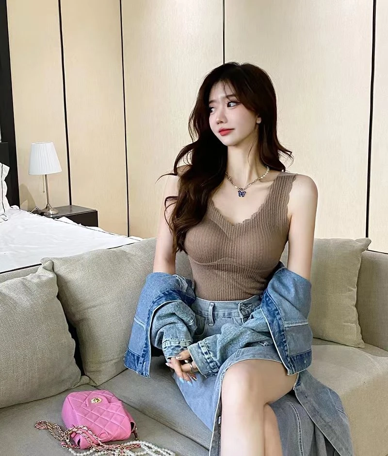 秋冬德绒保暖内衣女蕾丝加绒背心 带胸垫磨毛无痕发热打底衫上衣