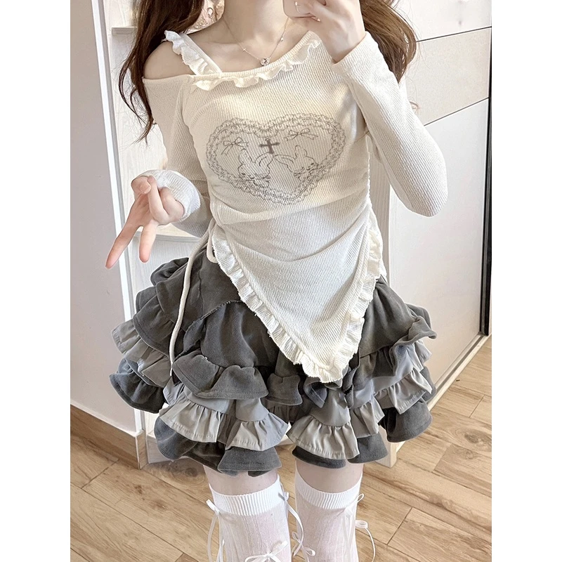 少女椰子 十字契约 早秋穿搭套装2023米色上衣超重工蛋糕短裙套装