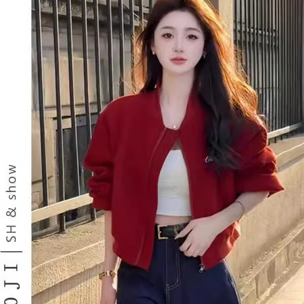 小香风安可拉红色宽松百搭毛呢卫衣外套女早秋短款夹克棒球服上衣