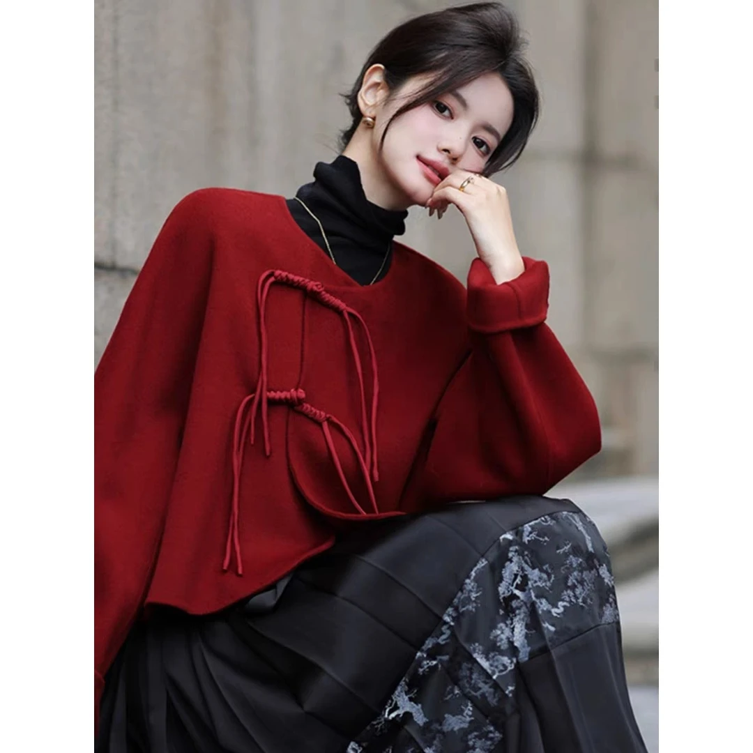 国风时尚名媛大衣冬季新中式纯色盘扣毛呢气质短款红色外套女士