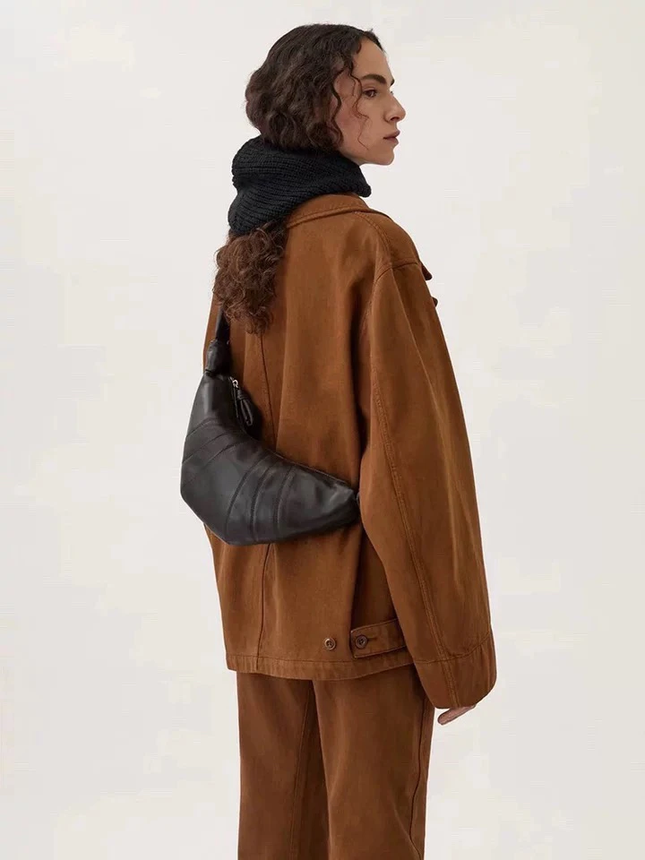 法国小众设计羊皮牛角包秋冬高级质感可颂包斜挎包女真皮饺子包包