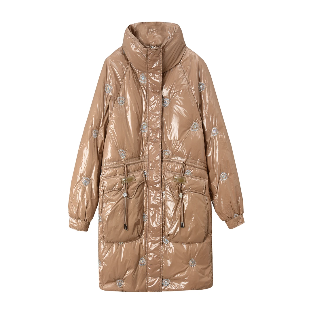 A008  中长款刺绣亮片饰90白鸭绒羽绒服女  1011000D24Y0115