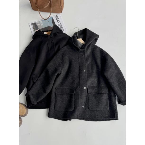 #810秋冬新款连帽宽松小个子双面大衣女短款斗篷外套