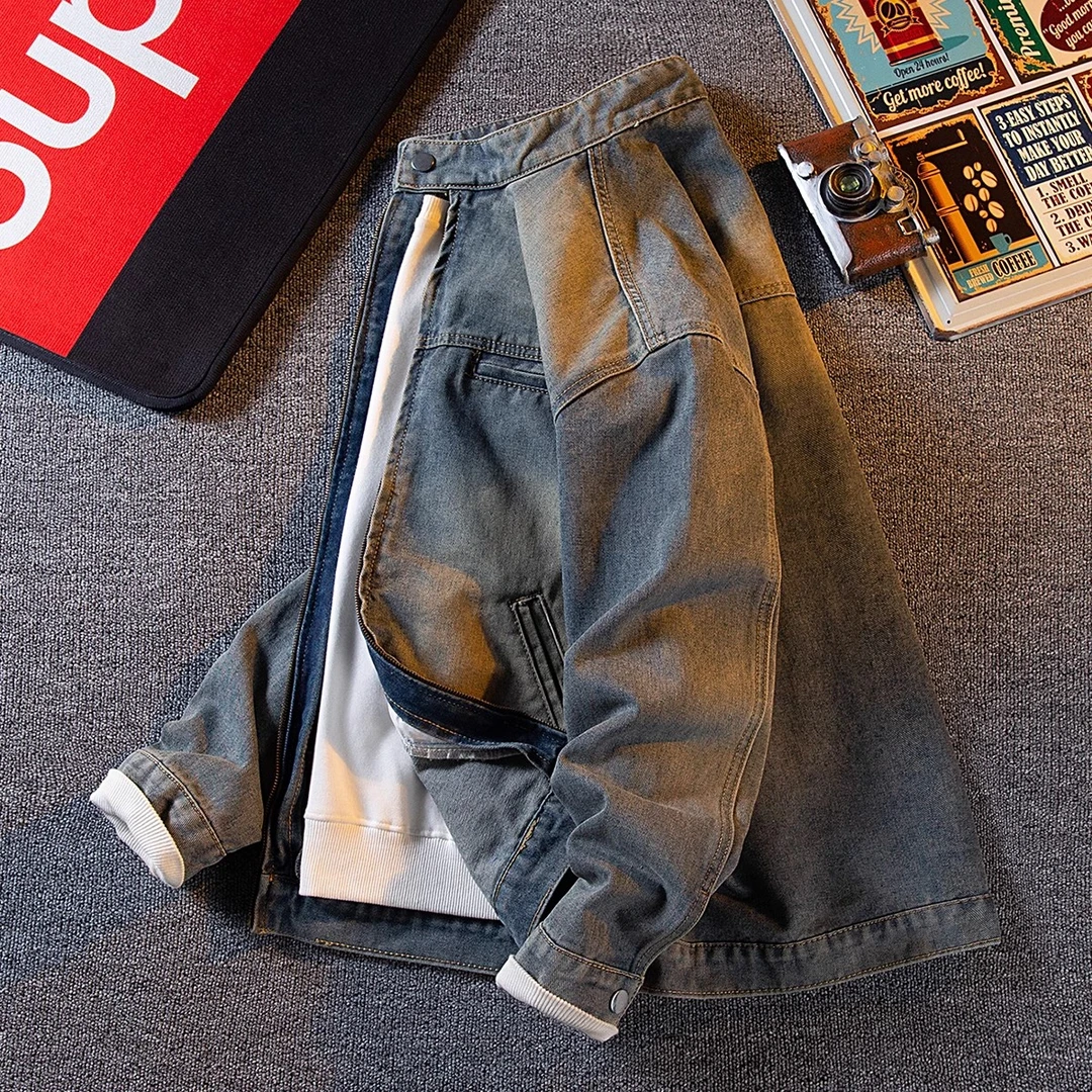 春秋款美式复古牛仔外套男士潮牌高级感痞帅潮男宽松工装夹克外衣