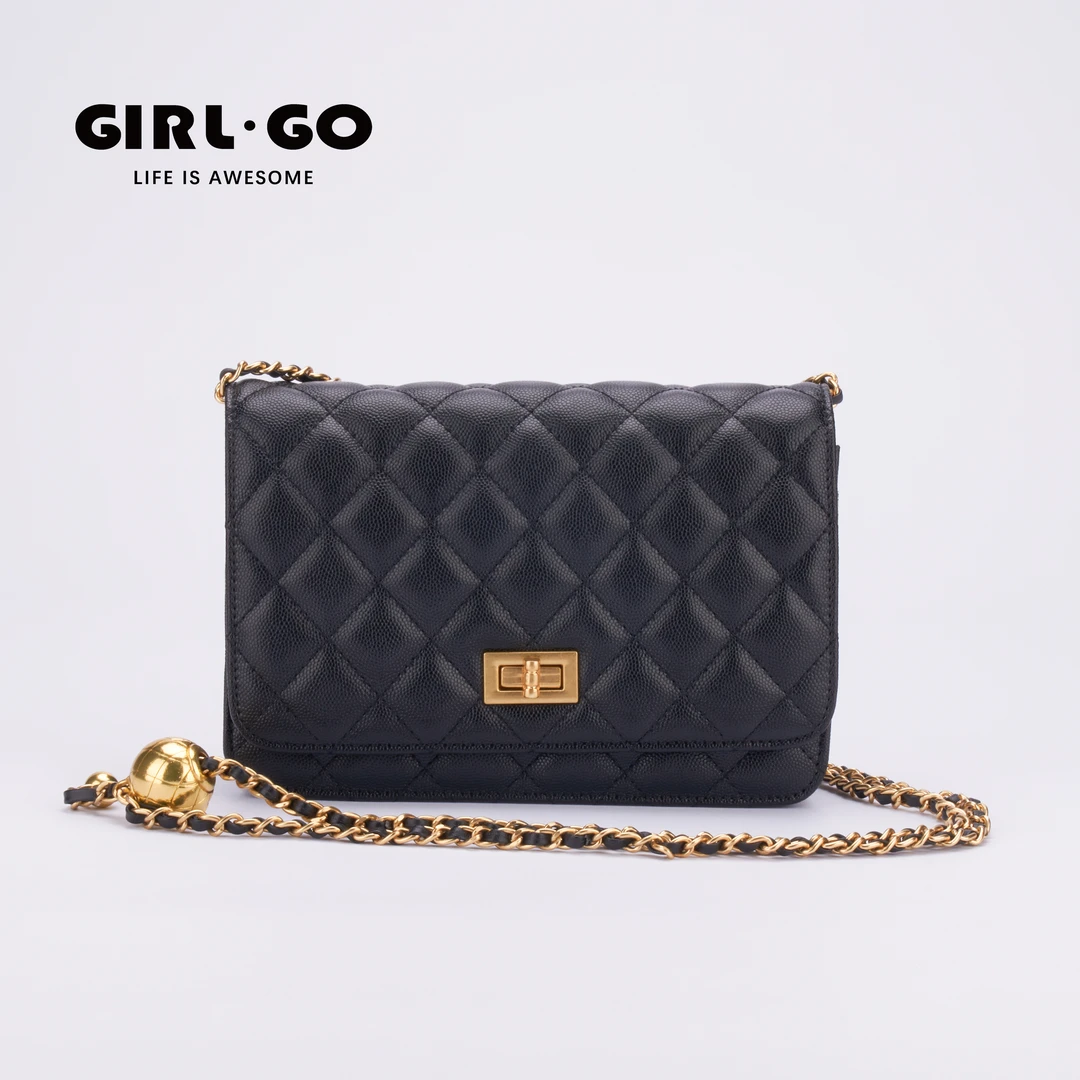 girl.go全新未使用黑色牛皮链条包单肩金球口盖包