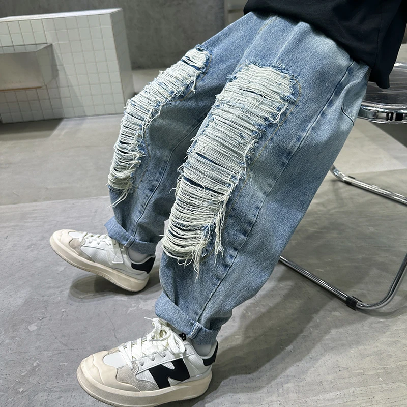 儿童破洞百搭2024新款宽松韩版男童牛仔长裤休闲潮流男孩裤子潮