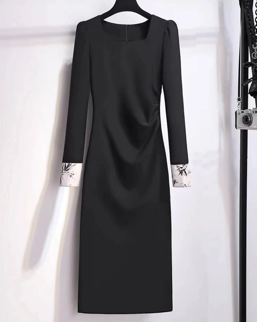 MissHuo  方领拼接袖连衣裙 黑色 B 2801