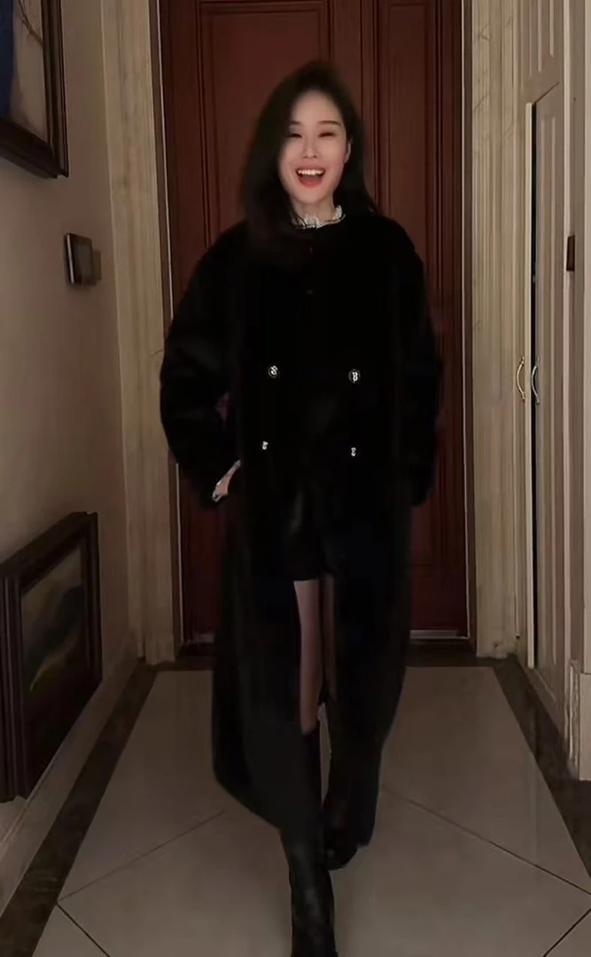 Miss Huo V领长款毛毛外套 A 黑色 89122