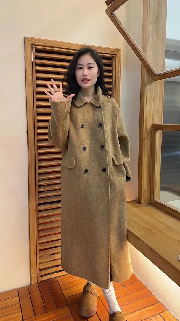 Miss Huo 长款方领双排扣大衣 A 姜黄色 9973