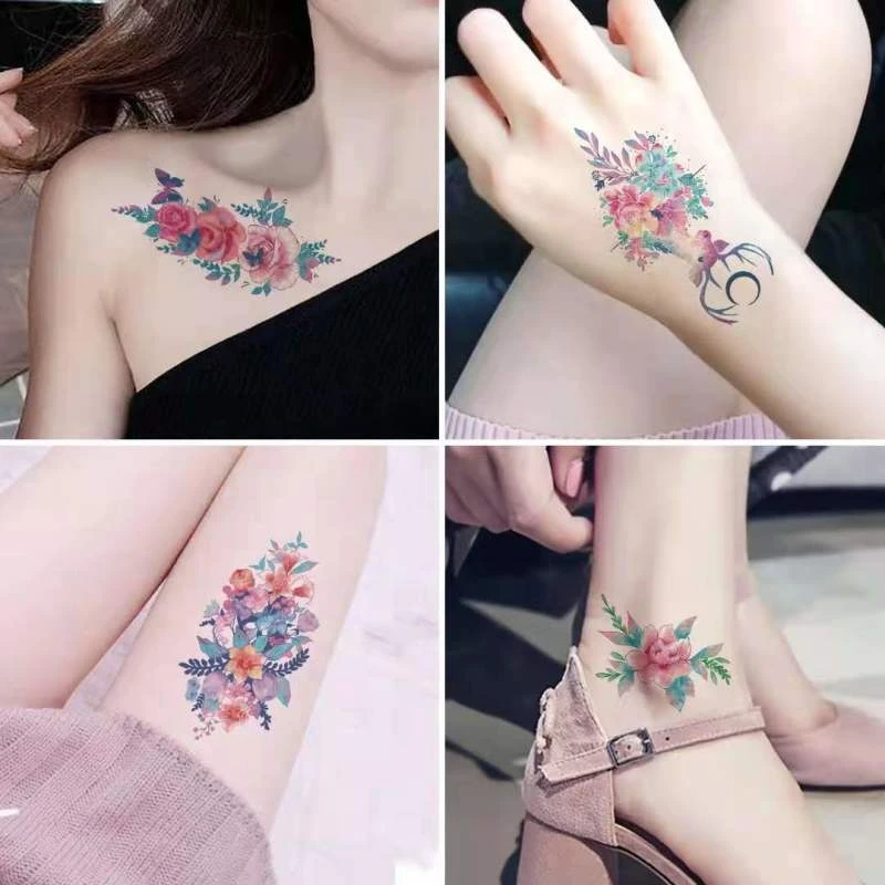 彩色花朵纹身贴纸防水持久女款 锁骨大腿手臂遮疤贴画小清新玫瑰