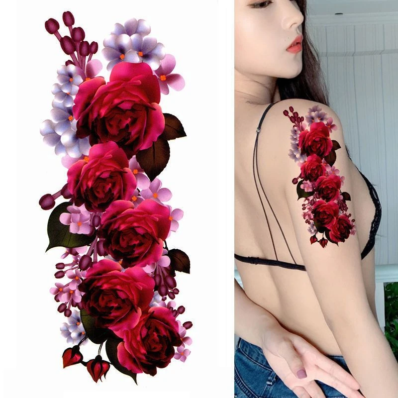 纹身贴纸防水持久女款逼真大图红色玫瑰花遮疤剖腹产性感花臂社会