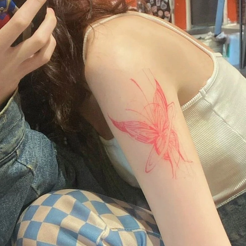 粉色甜酷蝴蝶结 女生胸口大腿花臂 个性防水持久纹身贴显白高级贴