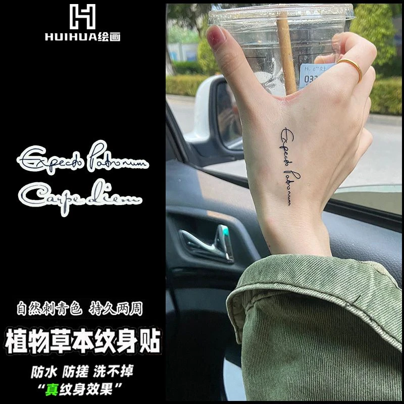 法语句子活在当下 草本果汁纹身贴防水持久字母纹身贴纸逼真果汁