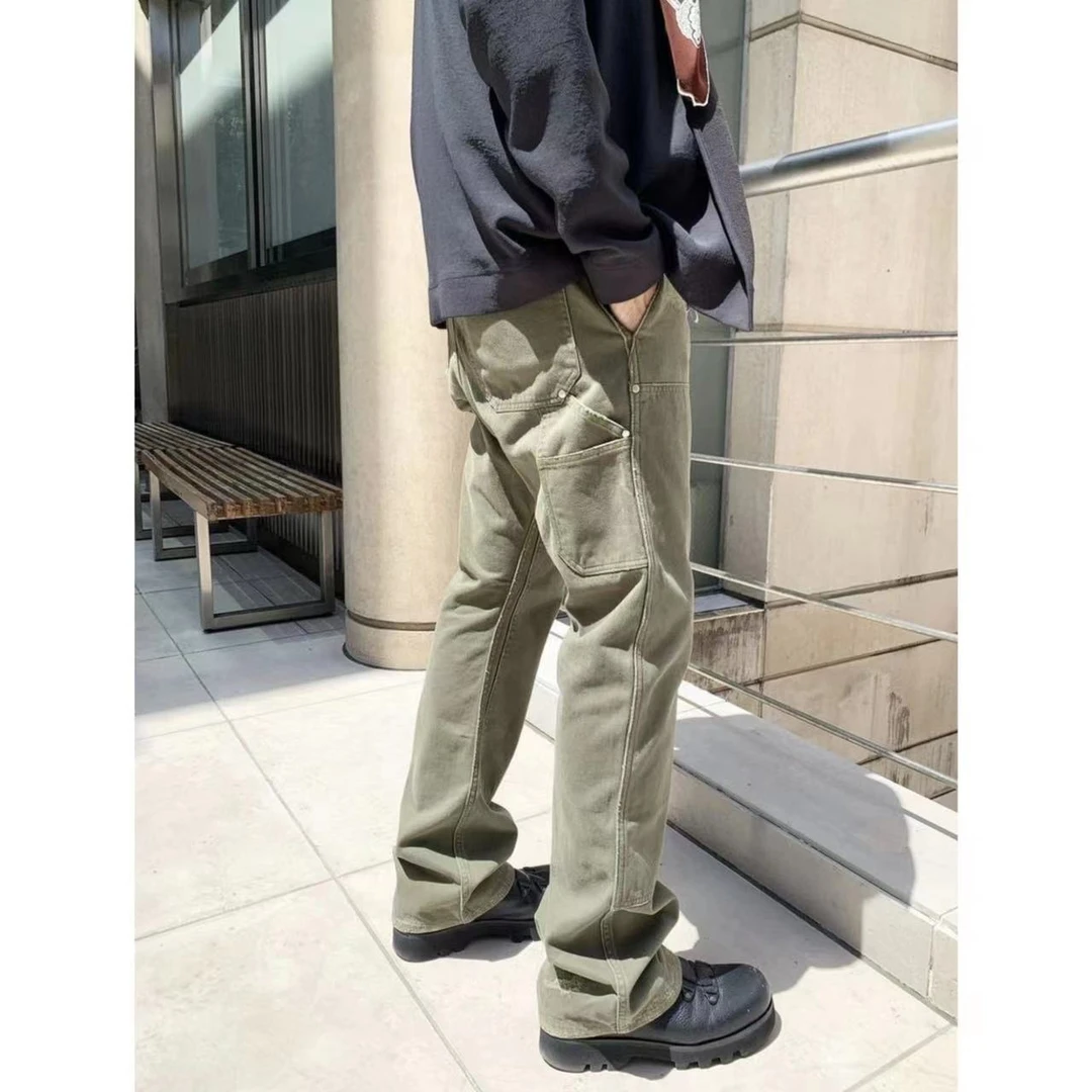 Clean fit水洗做旧军绿牛仔裤男 高街vibe风复古潮牌垂感直筒长裤