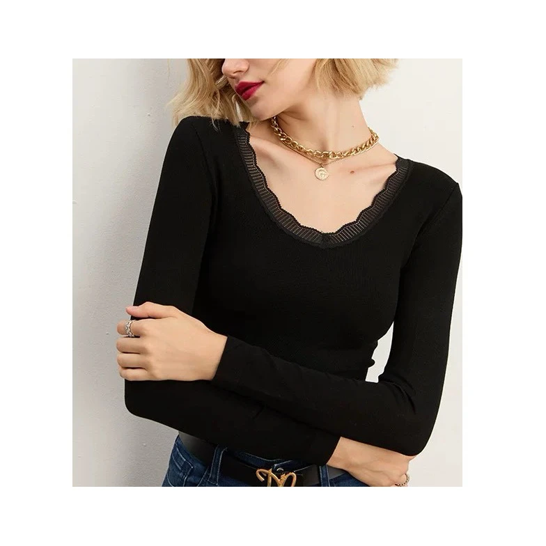 邹先生6807-32复古V领蕾丝边超柔软舒适打底衫修身