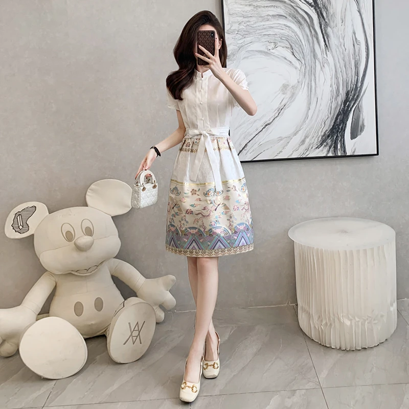 中国风印花马面裙女夏季2025新中式气质复古收腰设计感中长款裙子