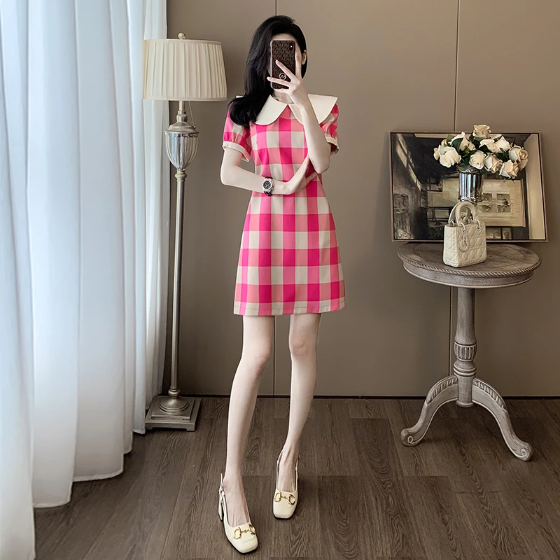 2024年夏季新款法式小个子甜美少女娃娃领格子连衣裙女修身A字裙