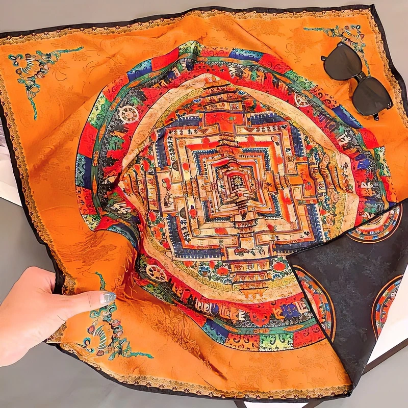 精品花萝【故宫唐卡】70方巾精卷边女双面高档时尚百搭气质老料丝巾