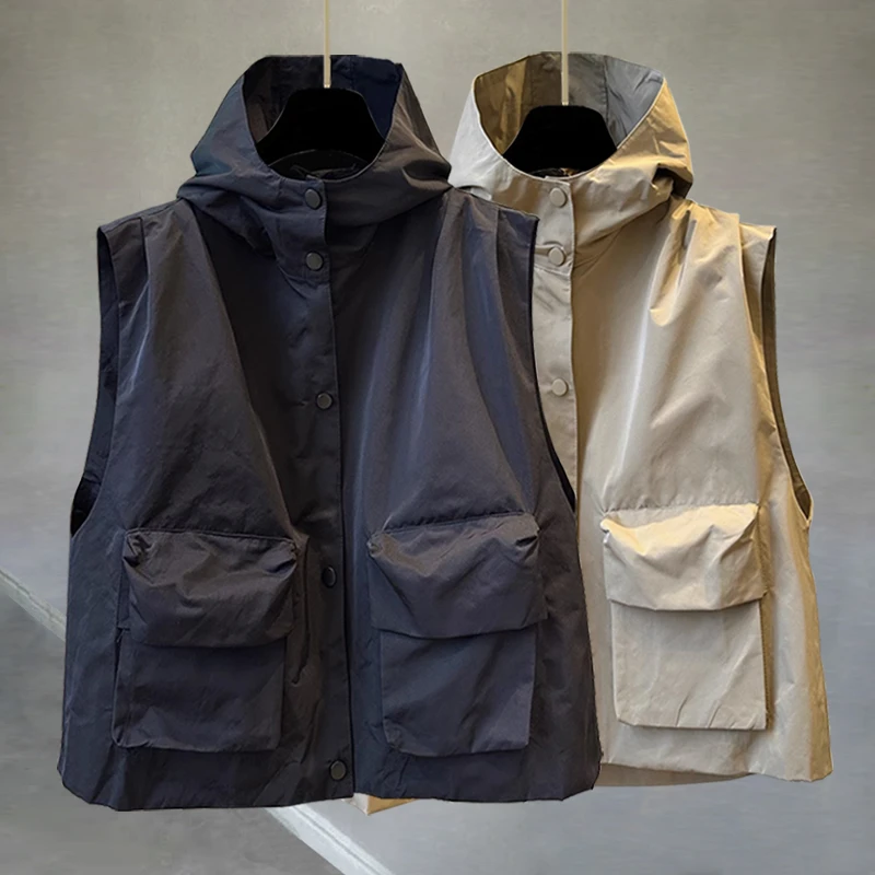 工装立体口袋连帽外穿马甲男春秋季潮流痞帅学生休闲宽松中性外套