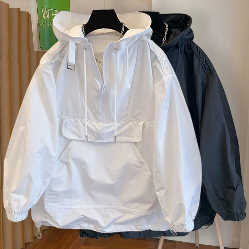 大口袋拉链连帽冲锋衣外套男女春秋款工装潮流休闲薄款夹克风衣