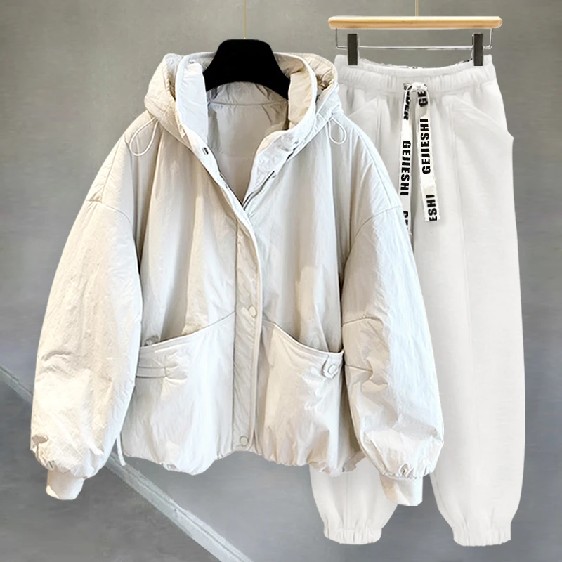 纯色拉链连帽棉袄外套套装男女同款冬季韩版潮流假两件高级感男装