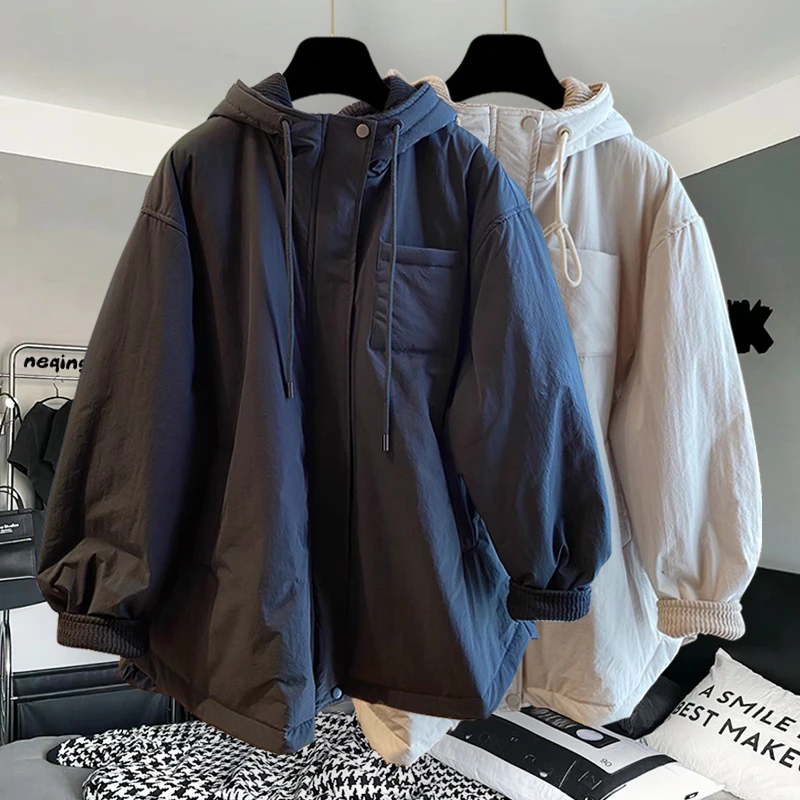 纯色拉链连帽棉衣服外套男冬季加厚潮牌帅气青少年休闲中长款棉袄
