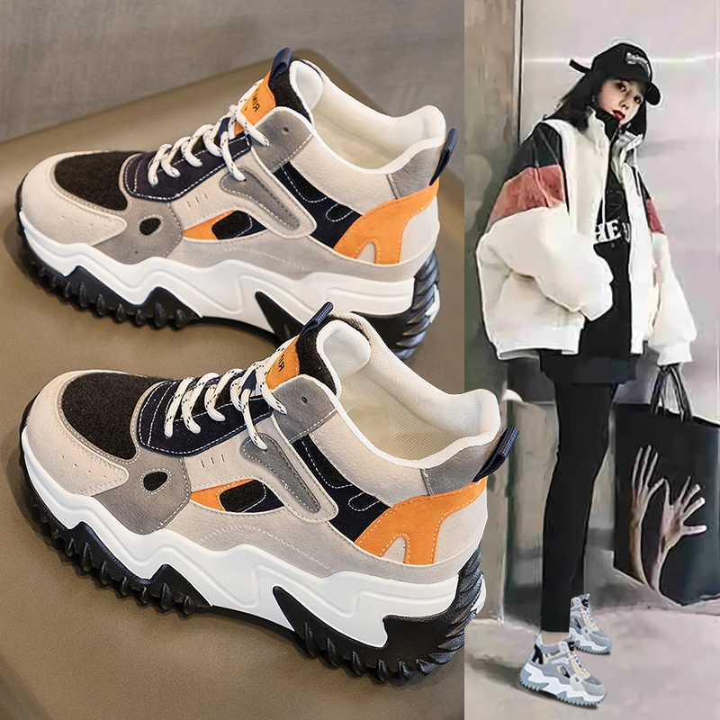 WANWO/万沃增高6cm 2023秋冬新款运动休闲高帮鞋透气软底老爹鞋