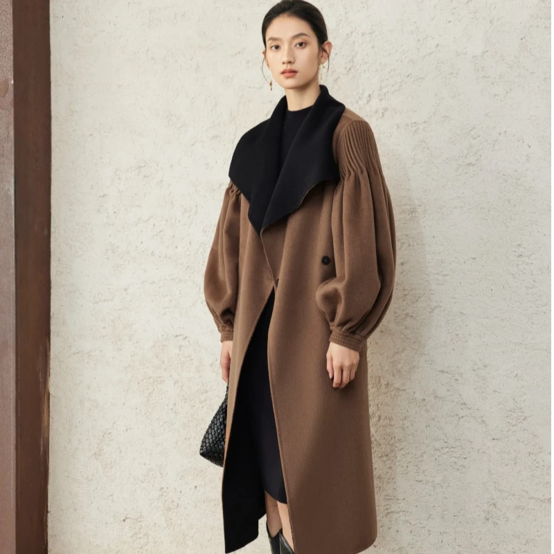 生活在左绵羊毛双面呢双穿宫廷袖复古长款秋冬新品毛呢外套女