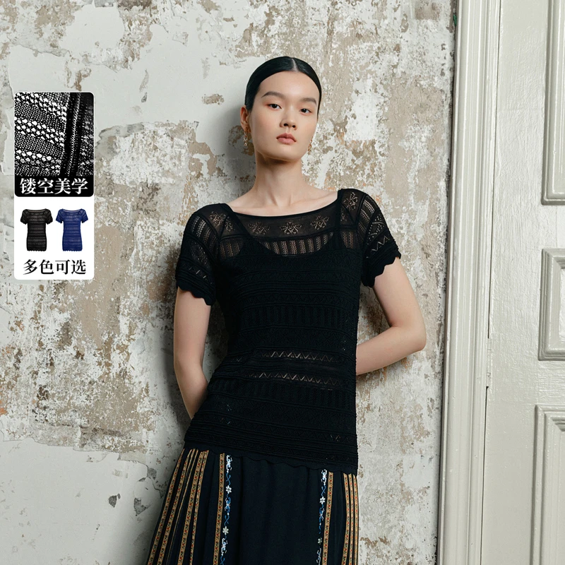 生活在左镂空毛织上衣多色修身外搭复古春夏新品短袖上衣女