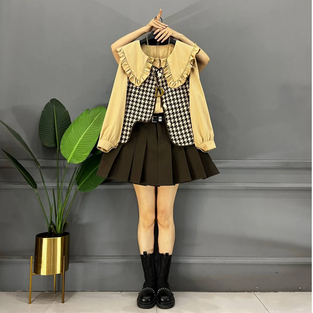 学院风气质百搭韩系女遮肉娃娃领甜美减龄百褶裙马甲衬衫三件套