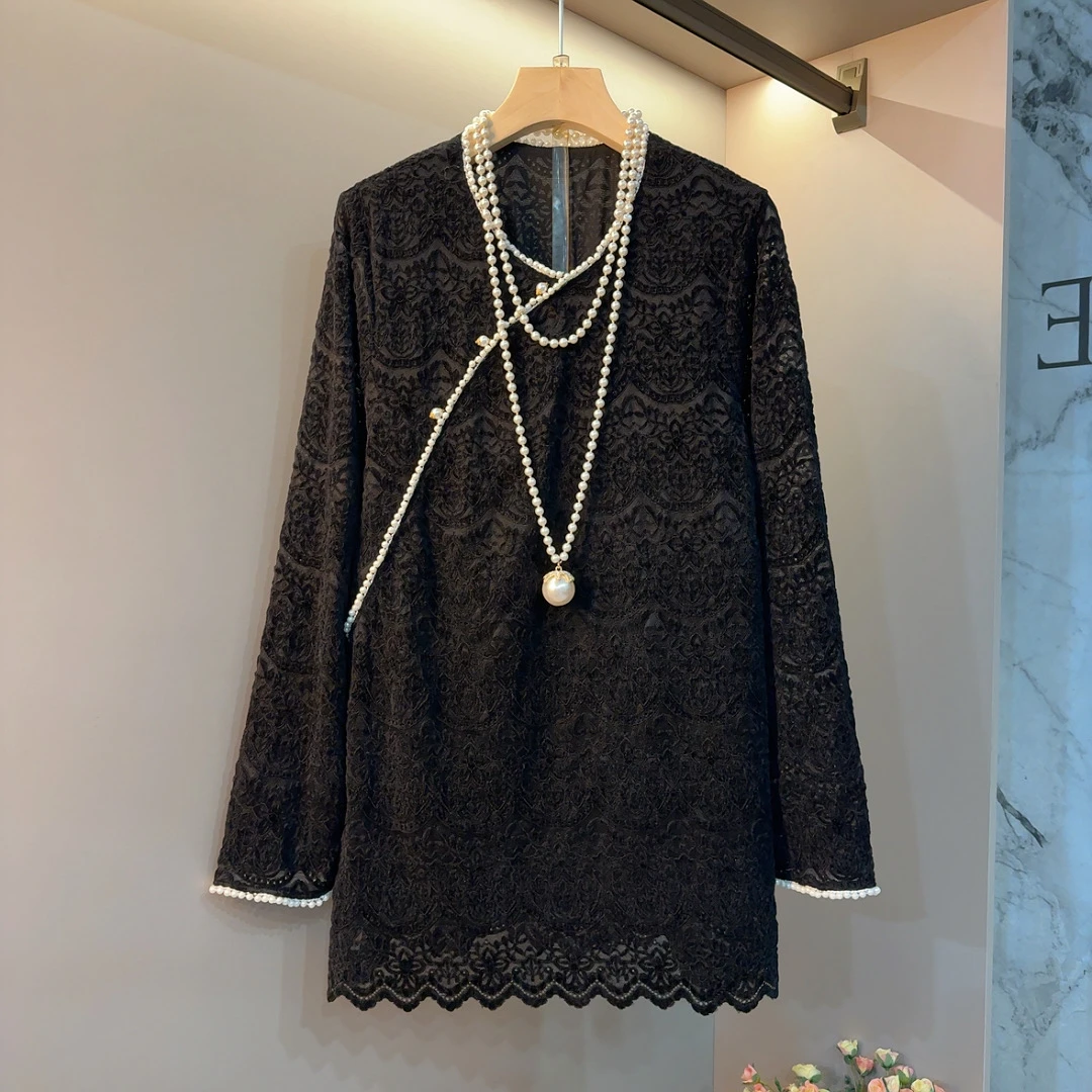 国风圆领珍珠打底衫百搭大衫时尚洋气显瘦大码女装2024年秋冬新款