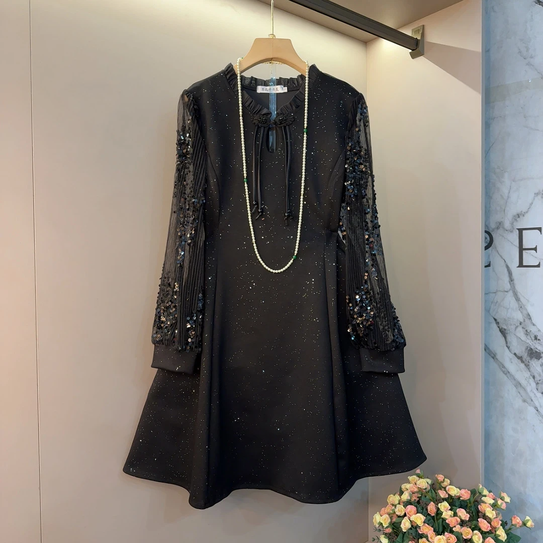 新款流苏盘扣荷叶边领亮片连衣裙胖妹妹气质轻熟风复古风洋气裙子