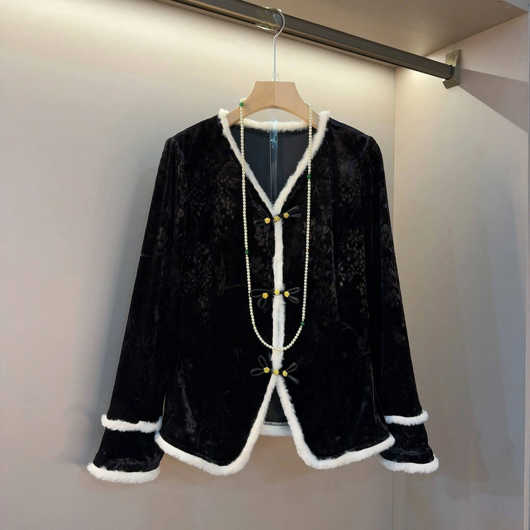 2025新中式复古盘扣毛边拼接国风提花工艺时尚百搭气质开衫上衣