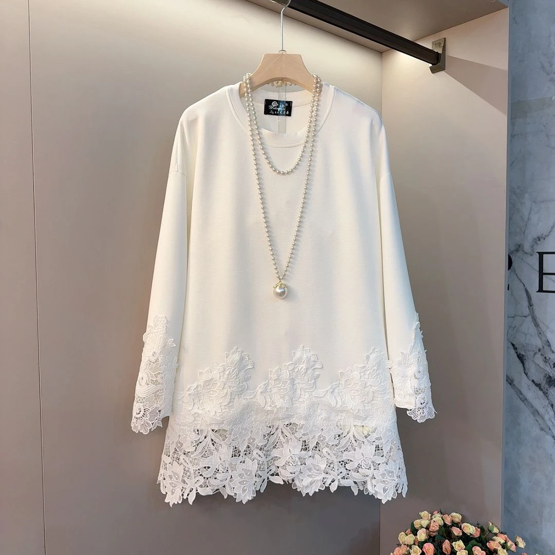 蕾丝底摆圆领上衣大码女装韩版宽松冬款遮肚子休闲小衫百搭24225