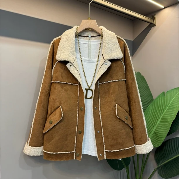 欧货翻领外套气质皮毛一体pu皮长袖秋冬新款2024百搭女短款外套