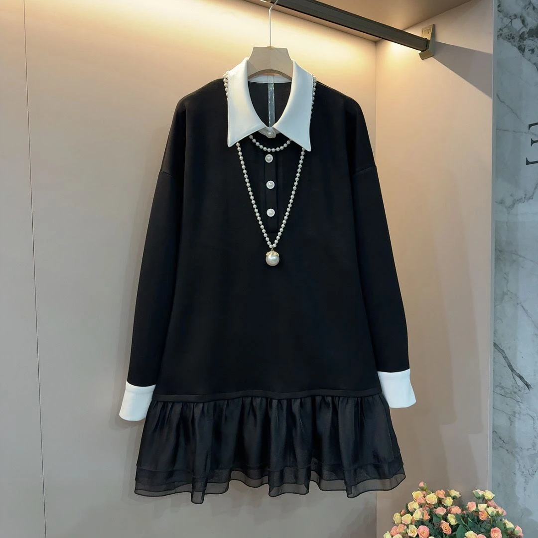 法式赫本风Polo领拼接荷叶边大码女装秋冬新款宽松显瘦百搭A字裙