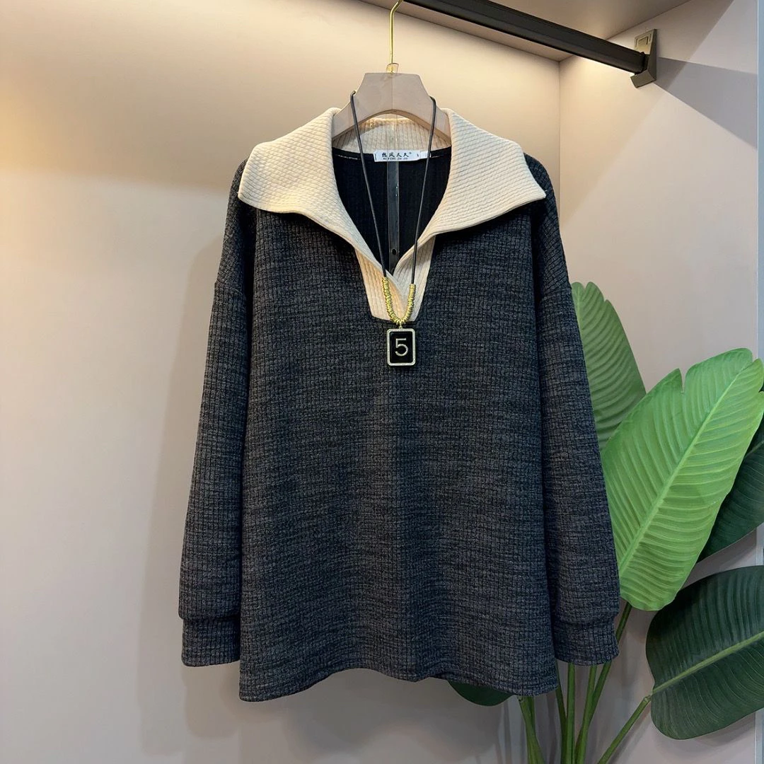 欧货时尚洋气拼接遮肉上衣秋冬新款大码女装2024显瘦气质打底衫潮