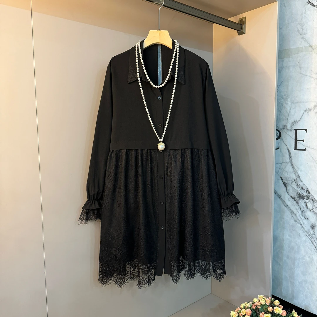 胖mm韩版蕾丝拼接小众设计感显瘦衬衫大码气质翻领百搭长袖上衣女