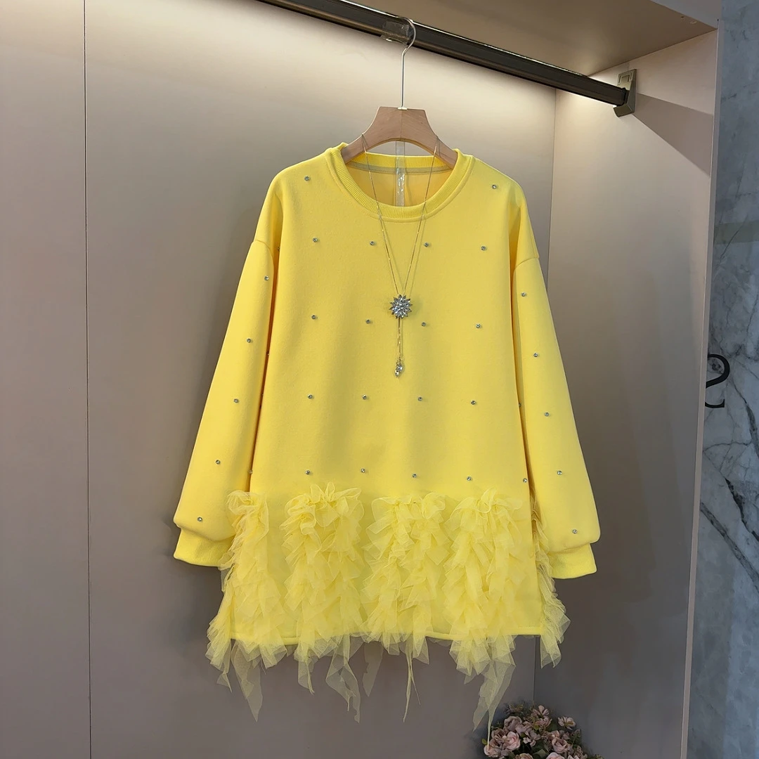 设计感钉钻加绒网纱拼接长袖卫衣女2024宽松款显瘦气质上衣衣长78