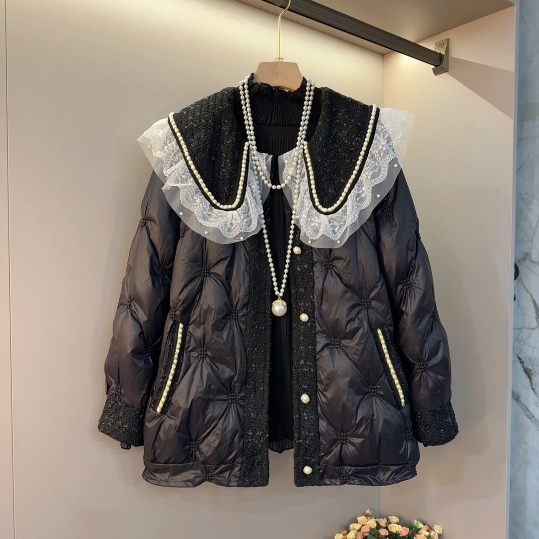 小香风娃娃领蕾丝花边拼接设计名媛风微胖mm显瘦百搭外套【衣长72】