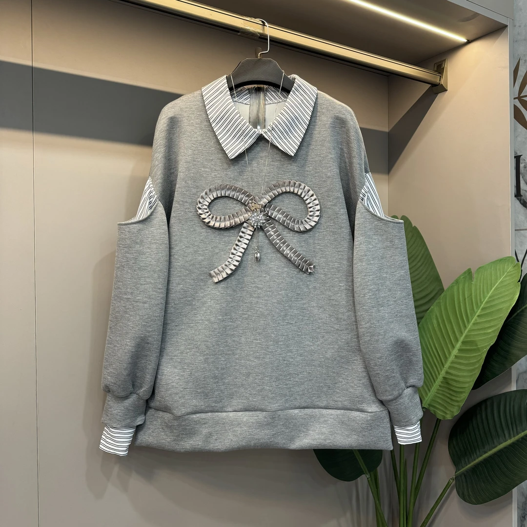 减龄韩版卫衣2024年秋季新款衬衫领蝴蝶结拼接中长款显瘦上衣