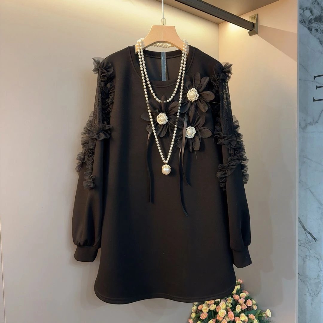 重工蕾丝花边拼接设计大码女装韩系宽松秋冬新款百搭洋气显瘦上衣