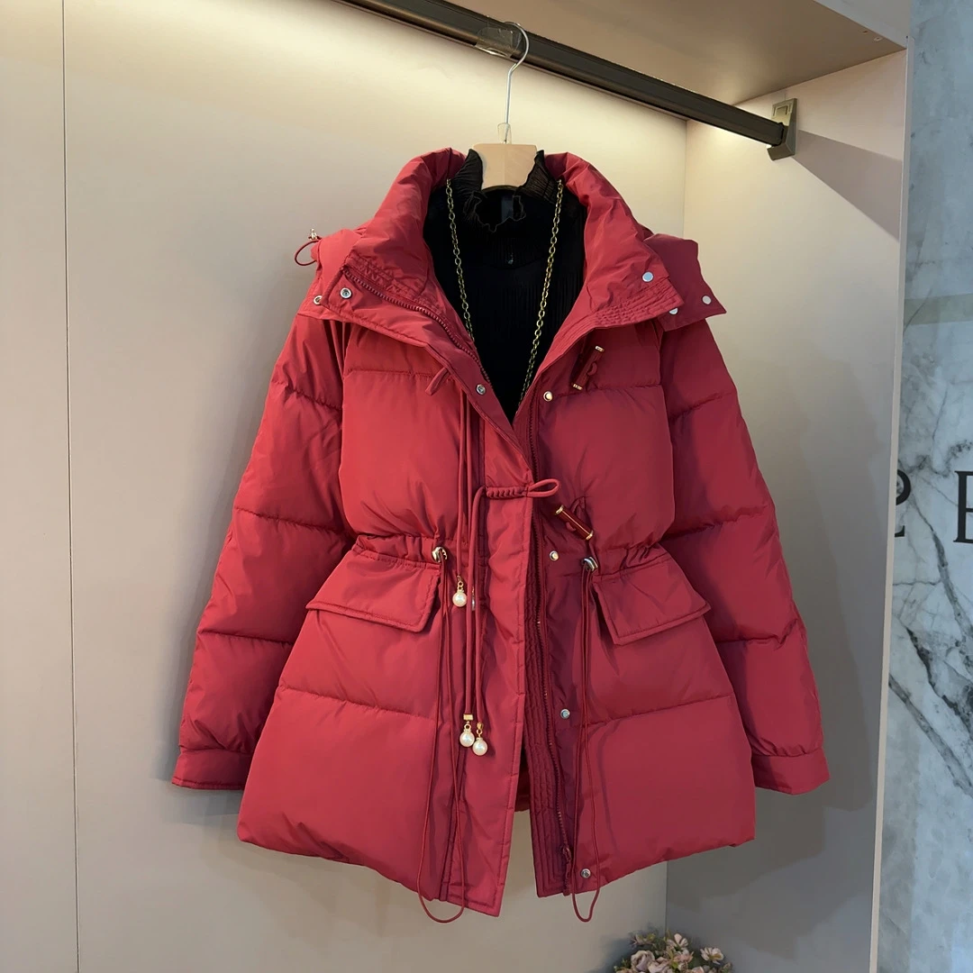 新款2024连帽牛角扣外套女冬季大码胖mm收腰显瘦气质款棉服衣长78