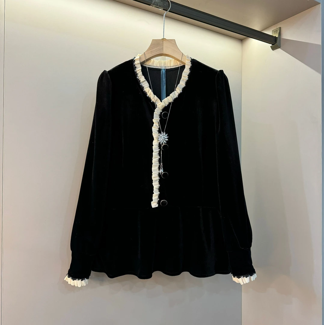 2024秋冬新款法式丝绒拼接花边胖MM大码女装气质显瘦T恤小衫