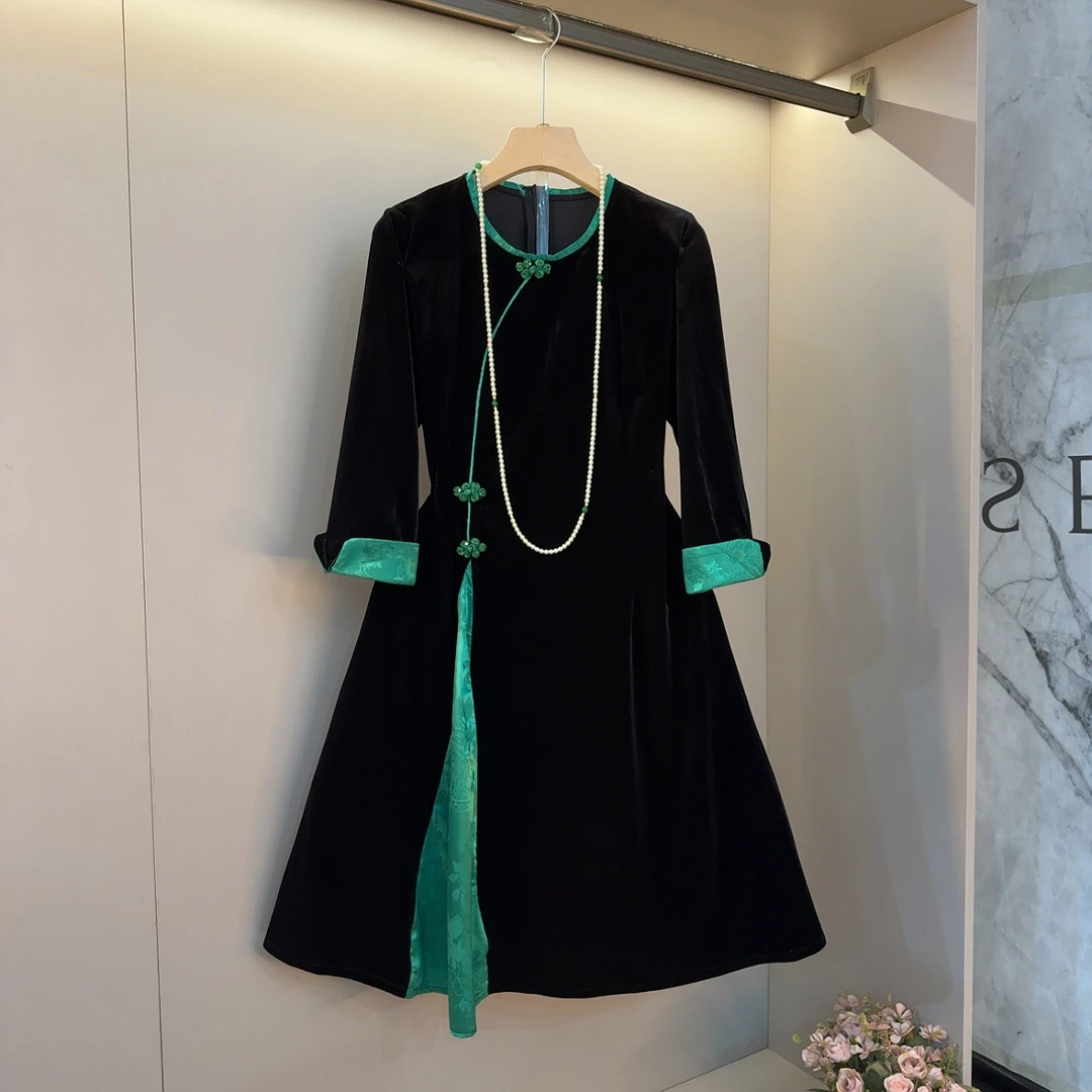胖mm新中式复古设计气质显瘦大码女装国风高级感丝绒连衣裙衣长98