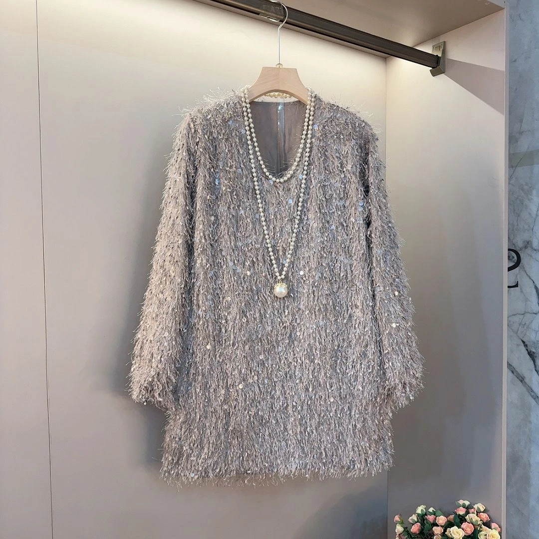 大码秋冬洋气时尚毛毛重工亮片设计气质v领百搭韩系上衣【衣长80】