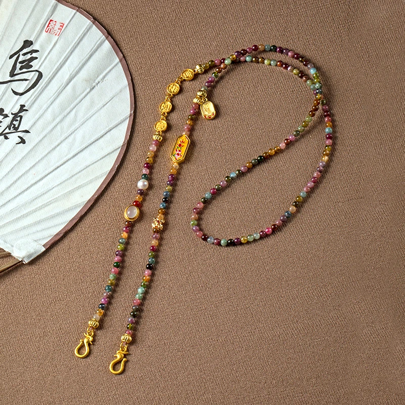 碧玺高级手工编织双挂锦鲤锁罗盘项链吊坠挂绳毛衣链