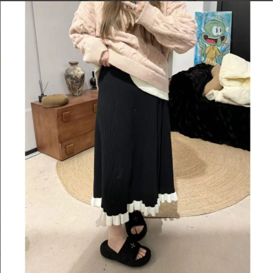 晶咕洋气时髦下摆拼接撞色伞裙气质高腰时尚百搭不规则中长款