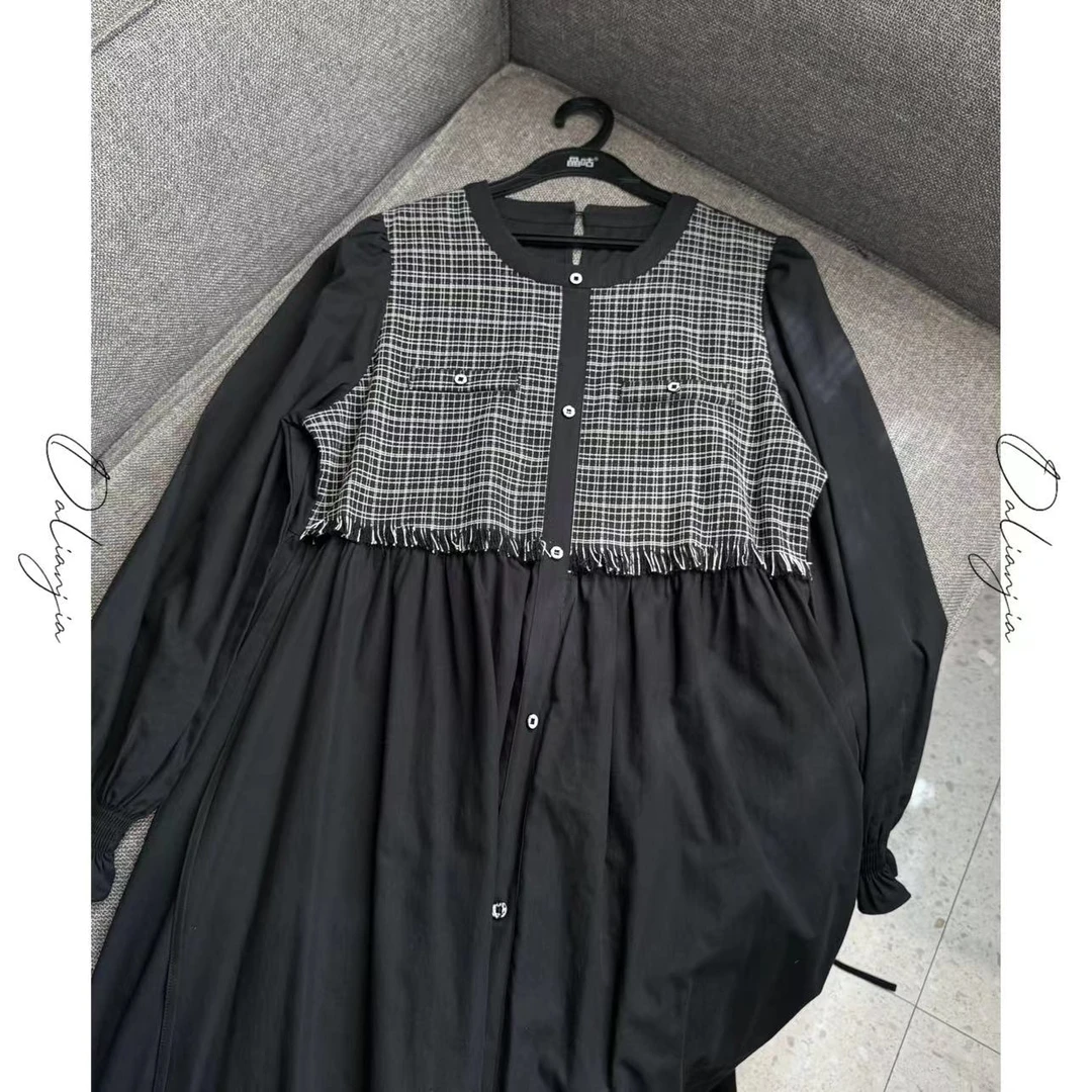 晶咕香风设计感假两件连衣裙气质时尚休闲黑白格子宽松